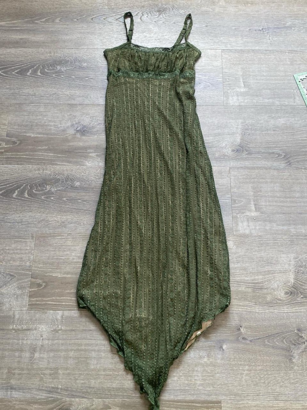 Urban Outfitters Olive Green Lace Handkerchief-Hem Maxi Dress